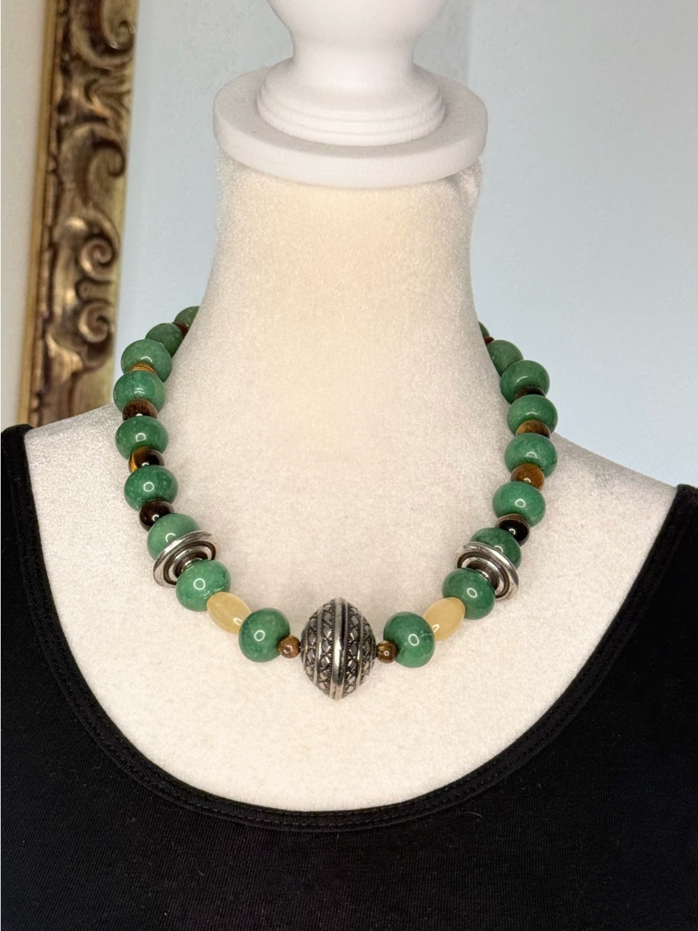 Boho Green Glass Bead Necklace 18” Brown Yellow Silver Tone Statement